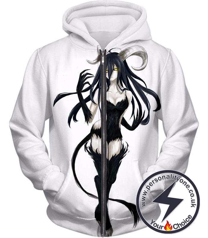 Overlord Super Cool Demon Albedo Awesome Fan Art Promo Anime White Zip Up Hoodie